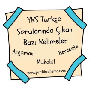 Üstte "YKS Türkçe Sorularında Çıkan Bazı Kelimeler" başlığı, aşağısında "argüman, berceste, mukabil" yazıları, en altta "www.pratikcalisma.com" adresi var.