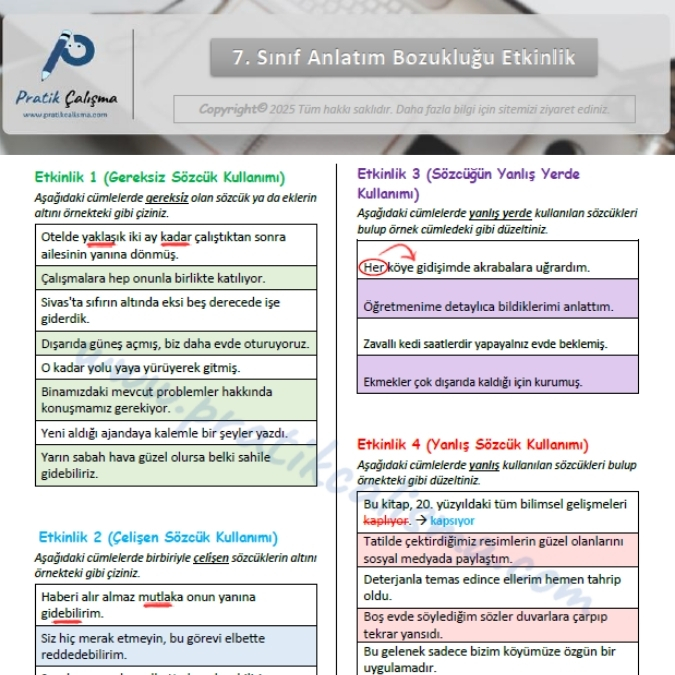 7. Sınıf Anlatım Bozukluğu Etkinlik İndir