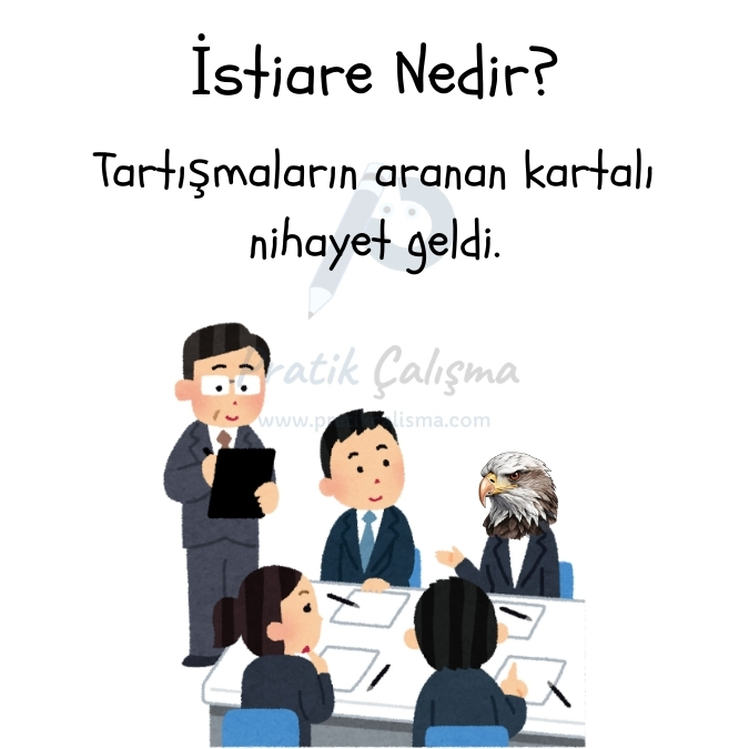 Üstte "İstiare Nedir?" başlığı, aşağısında "Tartışmaların aranan kartalı nihayet geldi." yazısı, alttaki görselde toplantıda tartışan insanlar var. İnsanlardan biri kartala benzemiş. Görselin gerisinde fon olarak "Pratik Çalışma" logosu var.