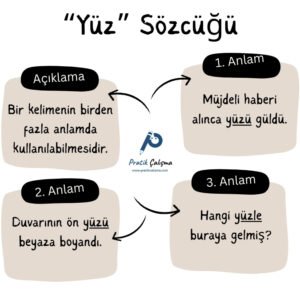 Çok Anlamlı Sözcükler Nedir? Üstte "Yüz Sözcüğü" başlığı, aşağıda 4 kutucuk var. 1. kutucukta çok anlamlı sözcükler ile ilgili tanım, diğer 3 kutucukta da "Yüz" sözcüğünün çok anlamlılık örnekleri var. Görselin ortasında da "Pratik Çalışma" logosu var.