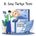 Üstte "8. Sınıf Türkçe Testi" başlığı, aşağısında online test çözen öğrenci görseli ve "Pratik Çalışma" logosu var.