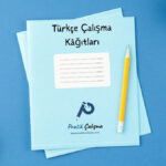 Mavi kapaklı çalışma kağıtları görseli, üstekinde başlık olarak "Türkçe Çalışma Kâğıtları" yazısı, aşağısında "Pratik Çalışma" logosu ve sağında kalem görseli var.