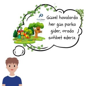 Alışkanlık cümlesi için kullanılan görselde parkı hayal eden çocuk "Güzel havalarda her gün parka gider, orada sohbet ederiz." diyor. Görselin aşağısında "Pratik Çalışma" logosu var.
