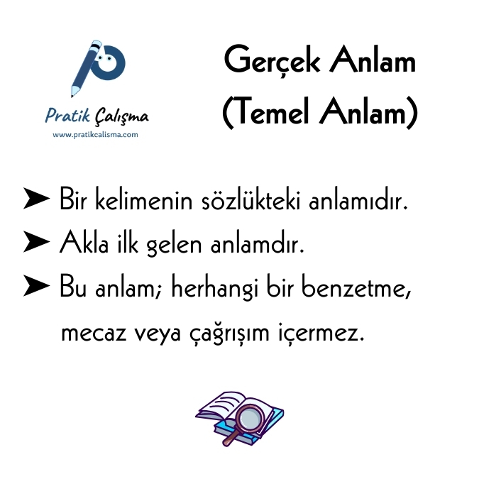 Sağ üstte "Gerçek Anlam" başlığı, sol üstte "Pratik Çalışma" logosu, aşağıda gerçek anlam ile ilgili 3 maddelik açıklama var.