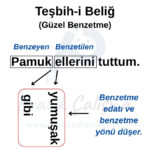 Üstte "Teşbih-i Beliğ" başlığı, aşağısında "Pamuk ellerini tuttum." örnek cümle üzerinden benzetmenin hangi unsurlarının durduğunu, hangi unsurlarının düştüğünü gösteren şema var. Geride de fon olarak "Pratik Çalışma" logosu var.