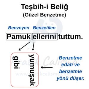 Teşbih-i Beliğ Nedir? Üstte "Teşbih-i Beliğ" başlığı, aşağısında "Pamuk ellerini tuttum." örnek cümle üzerinden benzetmenin hangi unsurlarının durduğunu, hangi unsurlarının düştüğünü gösteren şema var. Geride de fon olarak "Pratik Çalışma" logosu var.