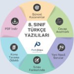 Renkli bölümleri olan simit şeklinde bir daire, dairenin bölümlerinde "Güncel Kazanımlar", "Cevap Anahtarlı", "Yeni Nesil Sorular", gibi yazılar var. Ortada "8. Sınıf Türkçe Yazılıları" başlığı var. Altında "Pratik Çalışma" logosu var.