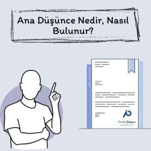 Ana Düşünce Nedir, Nasıl Bulunur? Üstte "Ana Düşünce Nedir, Nasıl Bulunur?" başlığı, altta fikir bulan insan ile karşısında belge görüntüsü var. Onun da altında "Pratik Çalışma" logosu var.