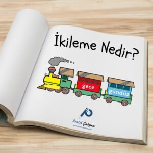 Üstte "İkileme Nedir?" başlığı, aşağısında renkli vagonlarında "gece gündüz" yazan tren, en altta "Pratik Çalışma" logosu var.