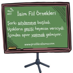 İsim Fiil Örnekleri Nedir? Sınıf tahtası üstünde "İsim Fiil Örnekleri" başlığı, aşağısında isim fiile örnek vermek için şu üç cümle yer almaktadır: "Şarkı söylemeye başladı. Uçakların geçişi heyecan vericiydi. İçimden spor yapmak gelmiyor." En altta da "www.pratikcalisma.com" adresi var.