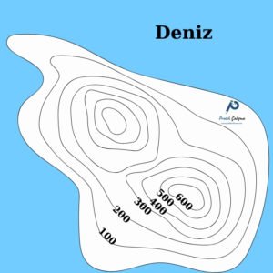İzohips Çizgileri ve Özellikleri İzohips Çizgileri konusuna örnek vermek için kullandığım görselde denize kıyısı olan bir yerde izohips çizgileri var. Her bir çizginin yüksekliği 100 metre arayla artmaktadır. Sağ üstte de "Pratik Çalışma" logosu var.