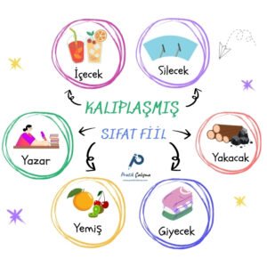 Ortada "Kalıplaşmış Sıfat Fiil" başlığı ile aşağısında "Pratik Çalışma" logosu var. Çevresinde renkli daireler içinde saat yününde sırayla "Silecek, Yakacak, Giyecek, Yemiş, Yazar, İçecek" yazıları ile bunları temsil eden görseller var.