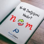 Defterin sağ üstünde "N-M Değişimi Nedir?" başlığı, aşağısında "n" ile "m" ünsüzlerinin değişimini temsil eden sembol, en altta "Pratik Çalışma" logosu var.