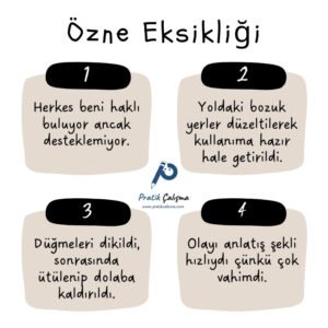 Üstte "Özne Eksikliği" başlığı, aşağıdaki 4 kutucukta özne eksikliği örneklerinin yer aldığı cümleler yazılı. Ortada da "Pratik Çalışma" logosu var.
