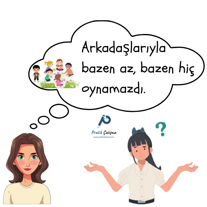 Yüklem eksikliği konusuna örnek vermek için kullandığım görselde "Arkadaşlarıyla bazen az, bazen hiç oynamazdı." diyen ve bunu hayal eden insan var. Ayrıca görselin ortasında Pratik Çalışma" logosu var.