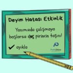 Yazı tahtasında "Deyim Hatası Etkinlik" başlığı, aşağısında örnek cümle olarak "Yanımızda çalışmaya başlarsa seç pirincin taşını!" yazısı, hatanın nerede olduğu ve düzeltmesi var. Yazı tahtasının sağ altında da "Pratik Çalışma" logosu var.