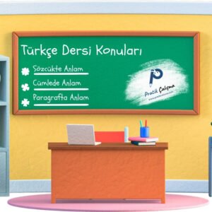 Sınıf tahtası üzerinde "Türkçe Dersi Konuları" başlığı, aşağısında yukarıdan aşağıya doğru "Sözcükte Anlam, Cümlede Anlam, Paragrafta Anlam" yazıları, sağ tarafta "Pratik Çalışma" logosu var.