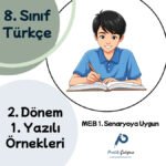 8. Sınıf Türkçe 2. Dönem 1. Yazılı 1. Senaryo-1 MEB yazısı, sağ üstte çalışan öğrenci görseli, sağ altta "MEB 1. Senaryoya Uygun" yazısı ile "Pratik Çalışma" logosu var.