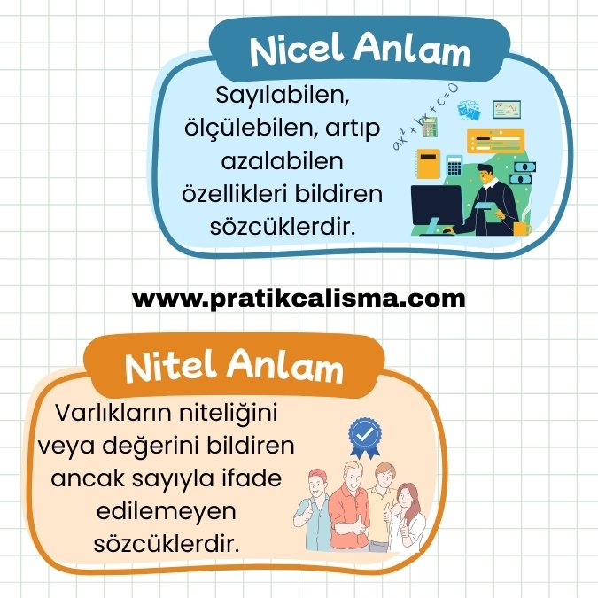 Nicel ve Nitel Anlam hakkında açıklama yapan iki tablo ve her birinin sağında örnek görsel var. Bunların ortasında da "www.pratikcalisma.com" adresi yazılı.