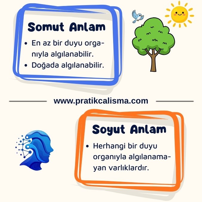 Somut ve Soyut Anlam görselinde üstteki mavi kutucukta somut anlam açıklaması ve sağında doğa görseli var. Alttaki turuncu kutucukta soyut anlam açıklaması ve solunda zekâ görseli var. Ortada da "www.pratikcalisma.com" adresi yazılı.
