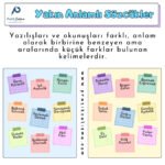 Üstte "Yakın Anlamlı Sözcükler" başlığı ve solunda "Pratik Çalışma" logosu var. Aşısında iki büyük pano ve her birinin içinde renkli kâğıtlar içinde dokuzar adet yakın anlamlı kelime örnekleri yazılı.