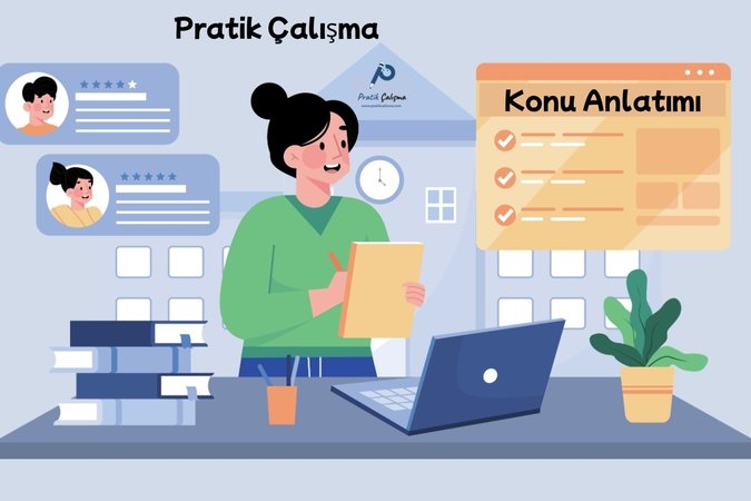 pratik Çalışma konu anlatımı 2 Sol tarafta "Pratik Çalışma" yazısı, sağ tarafta "Konu Anlatımı" yazısı var. Aşağıda ise öğrencilere sanal alanda ders anlatan öğretmen görseli var.